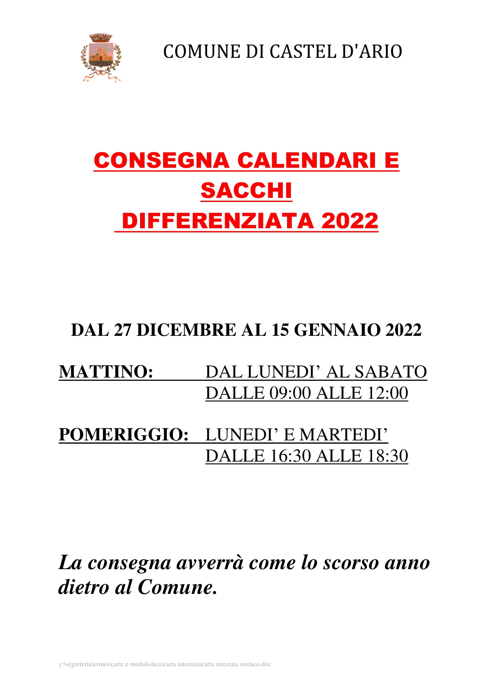 CONSEGNA CALENDARI E SACCHI 1